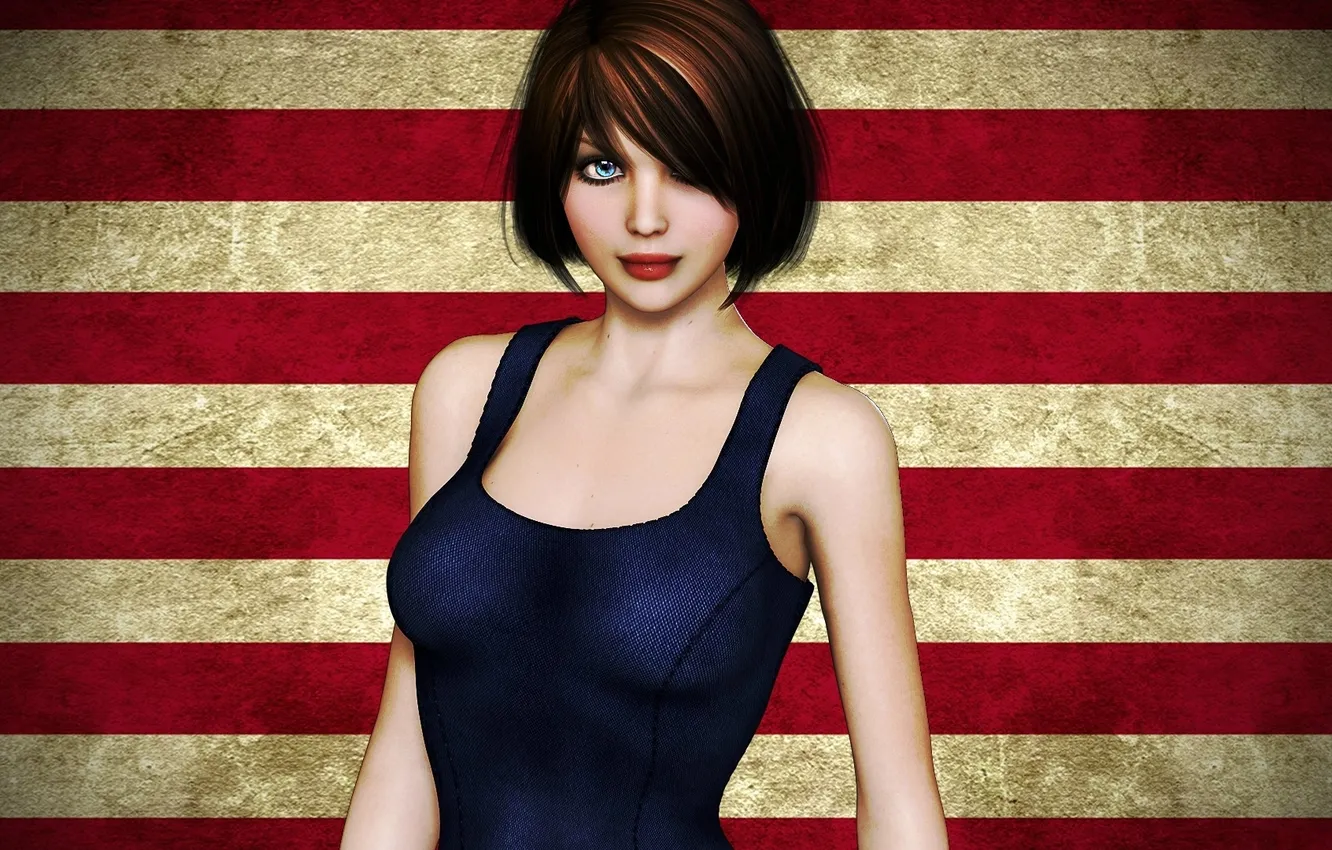 Photo wallpaper eyes, look, girl, face, rendering, background, blue, hair