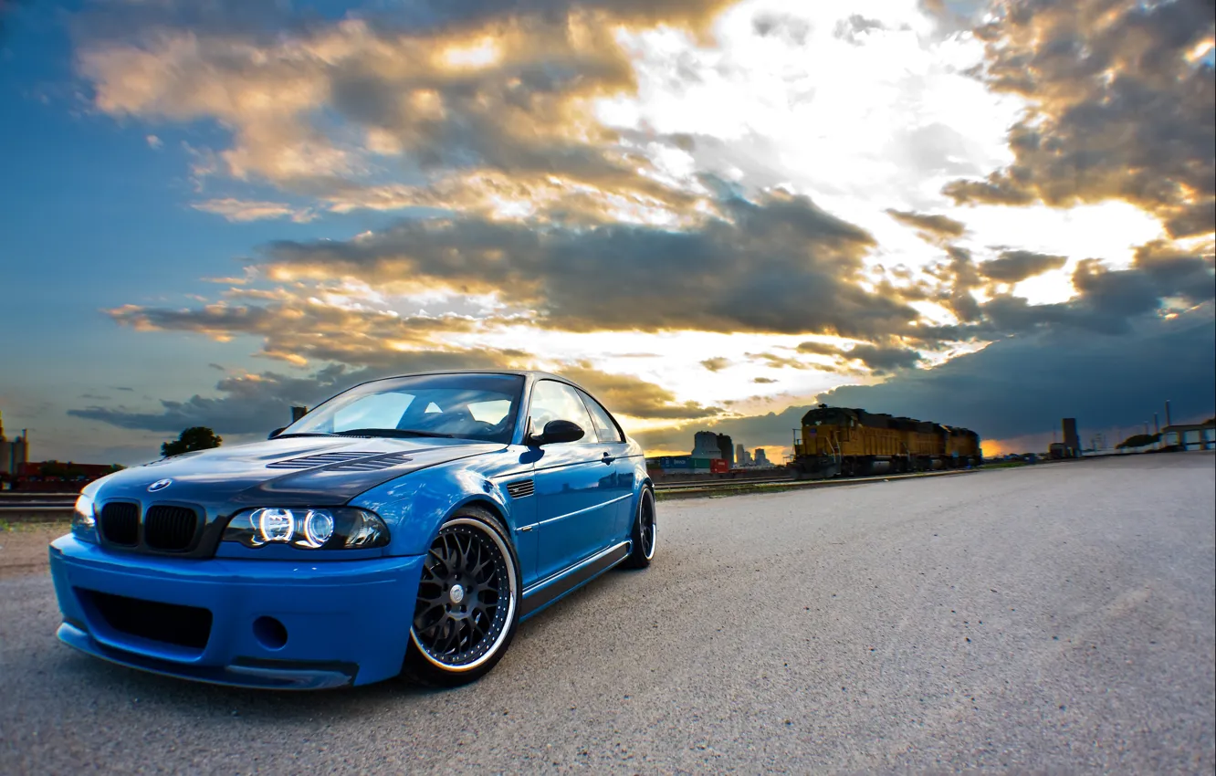 Photo wallpaper road, clouds, blue, yellow, bmw, BMW, train, iron