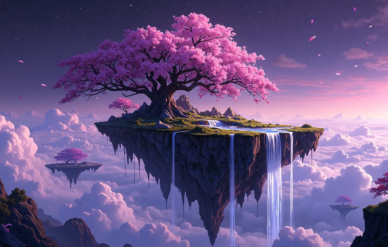 Photo wallpaper trees, blossom, cherry, islands, floating