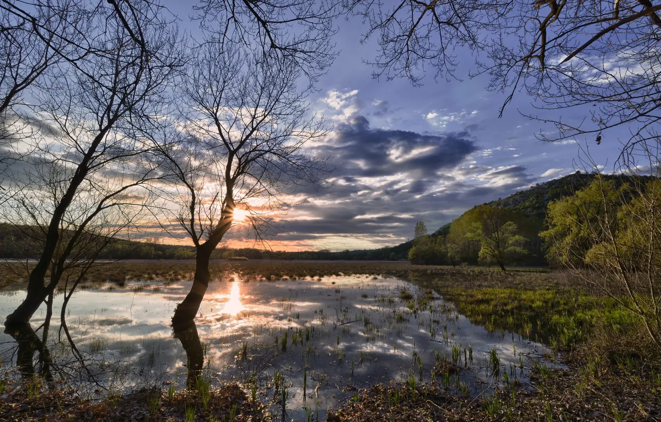 Photo wallpaper the sun, trees, mountains, sunrise, spring, valley, flood