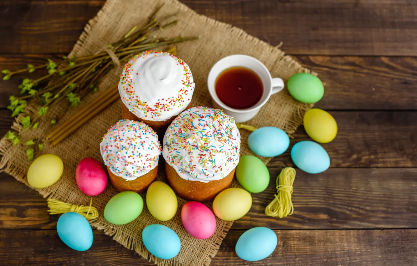 Photo wallpaper eggs, colorful, Easter, happy, cake, cake, wood, Easter, eggs, decoration
