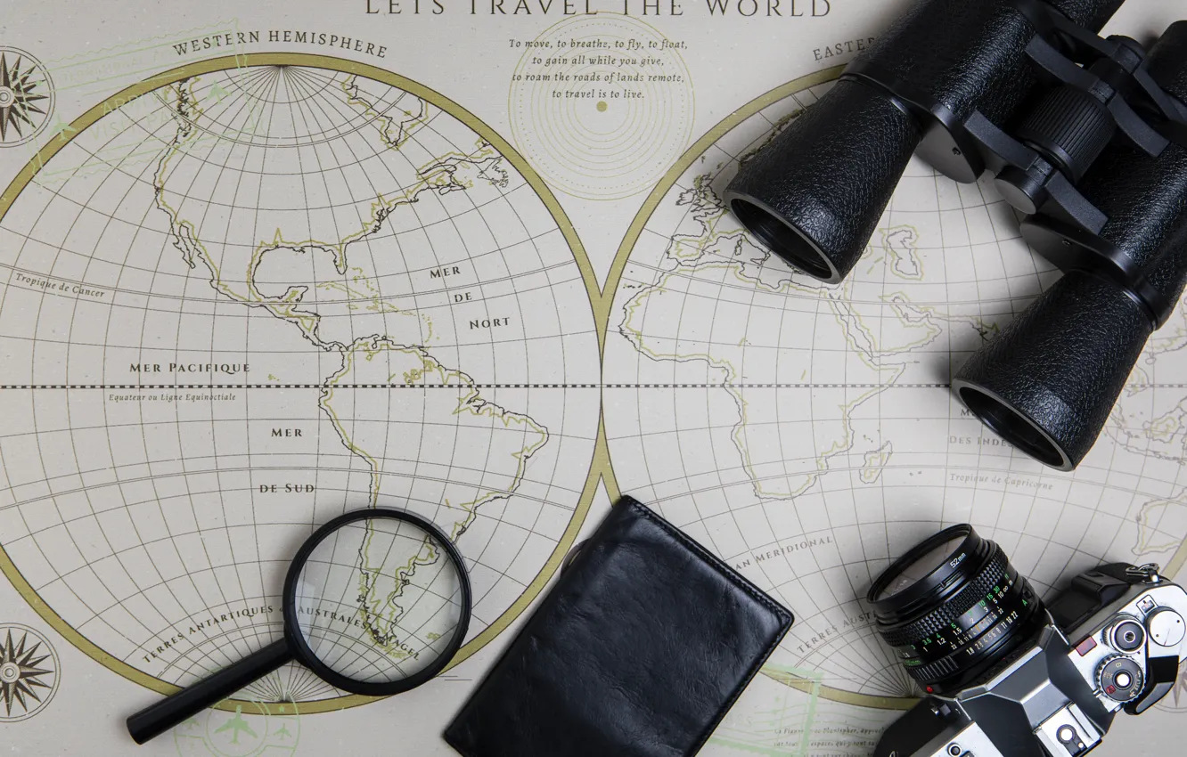 Photo wallpaper map, the camera, binoculars, magnifier, passport