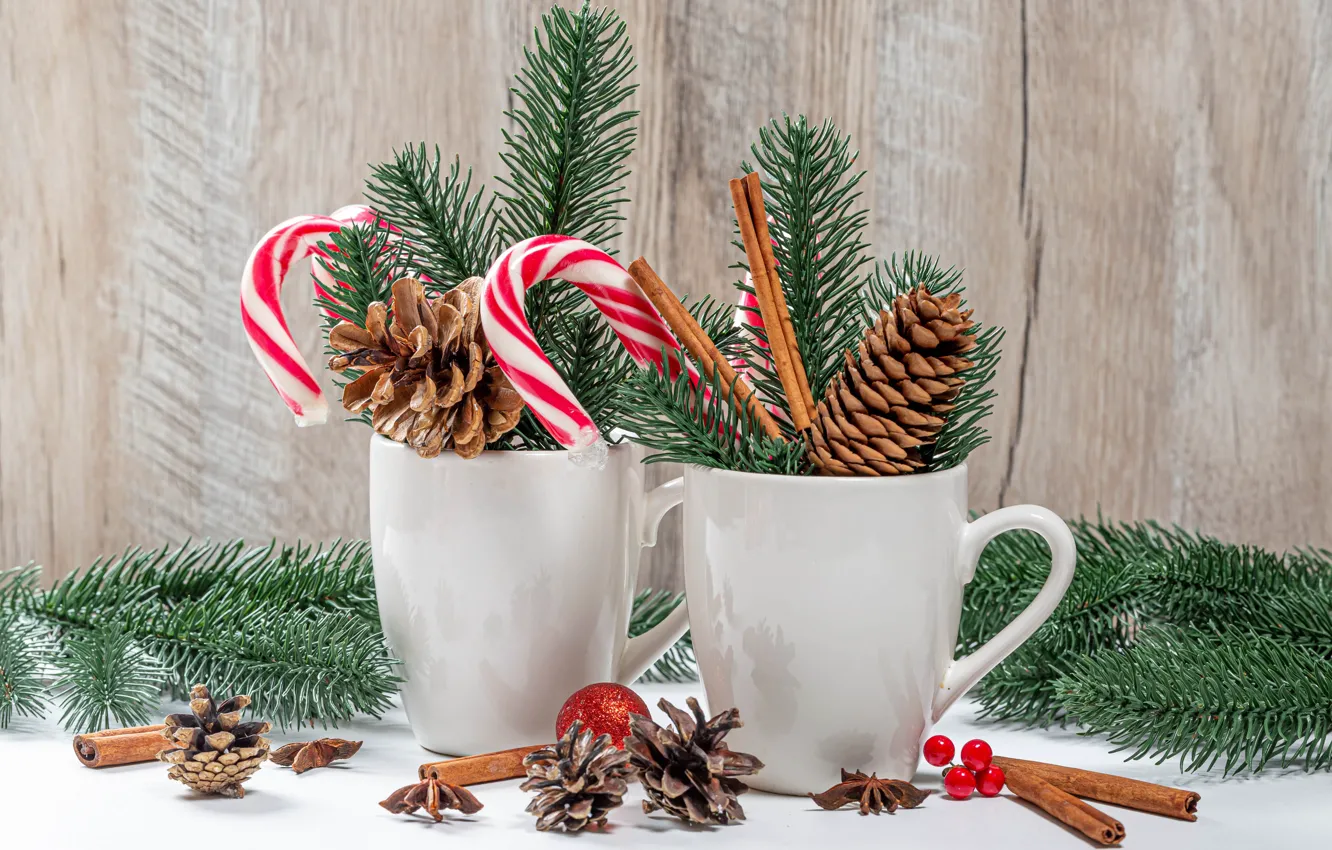 Photo wallpaper branches, tree, Christmas, candy, Cup, New year, cinnamon, bumps
