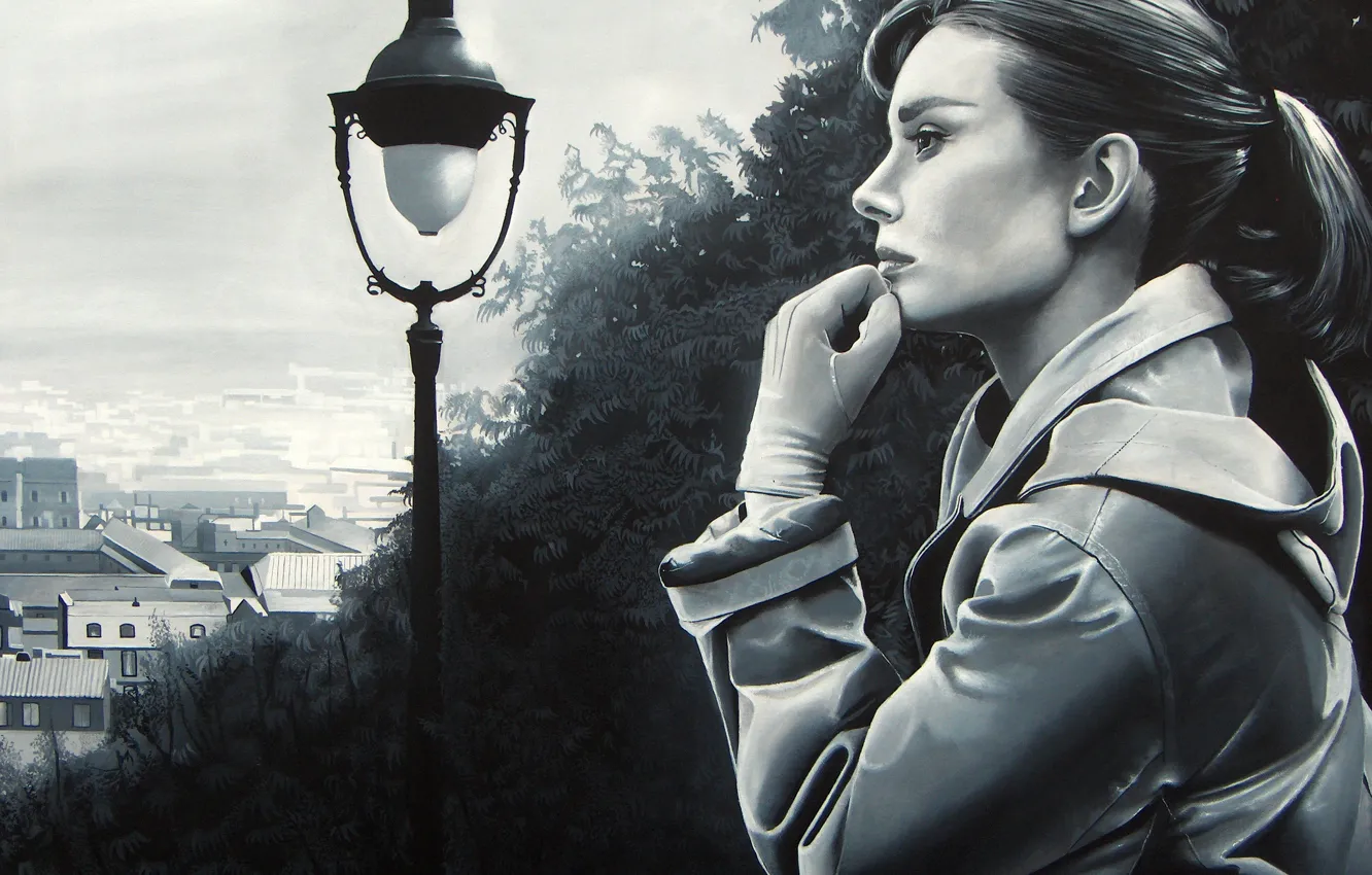 Photo wallpaper girl, portrait, black and white, in profile