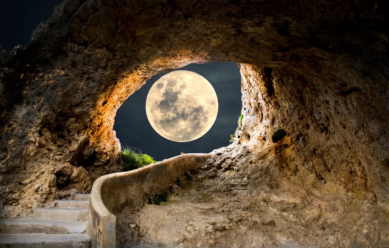 Photo wallpaper the sky, light, night, rendering, rocks, collage, the moon, arch