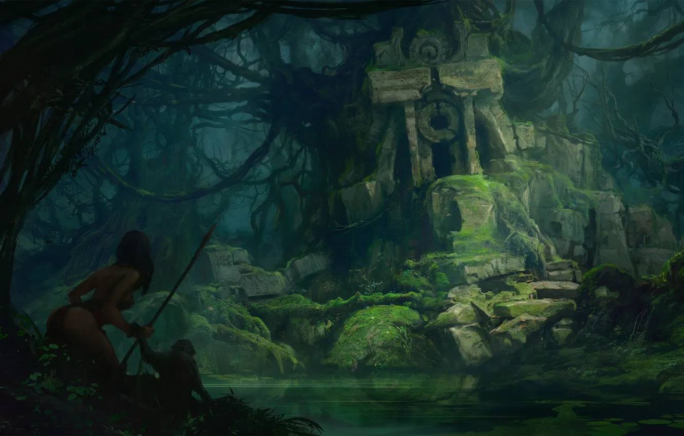 Photo wallpaper Amazon, jungle, warrior, spear, woman, Ruins in the jungle, ruins