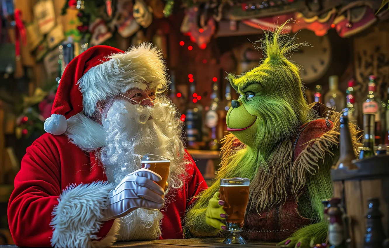 Photo wallpaper beer, Christmas, New year, Santa Claus, The Grinch, neural network
