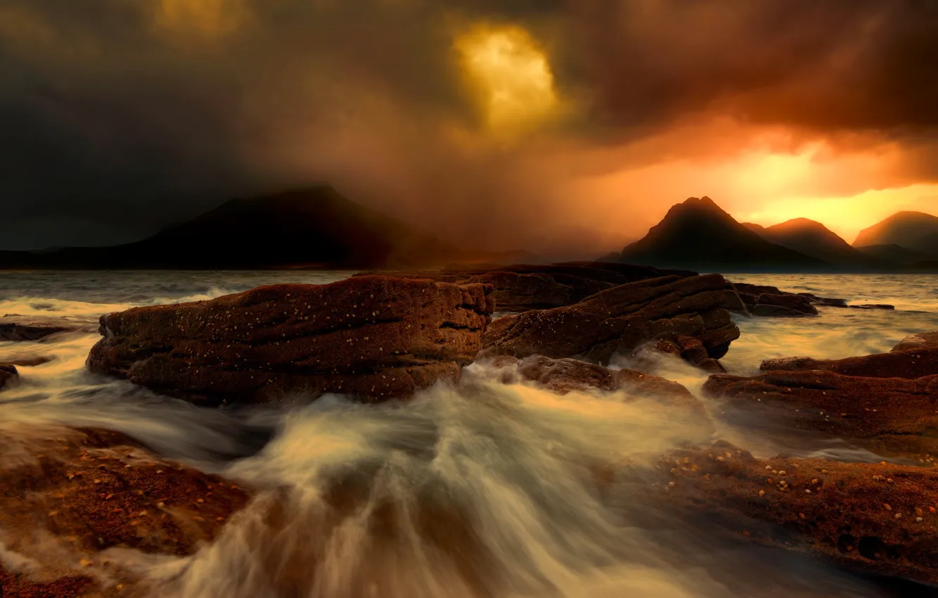 Photo wallpaper sea, clouds, storm, stones, rocks, Scotland