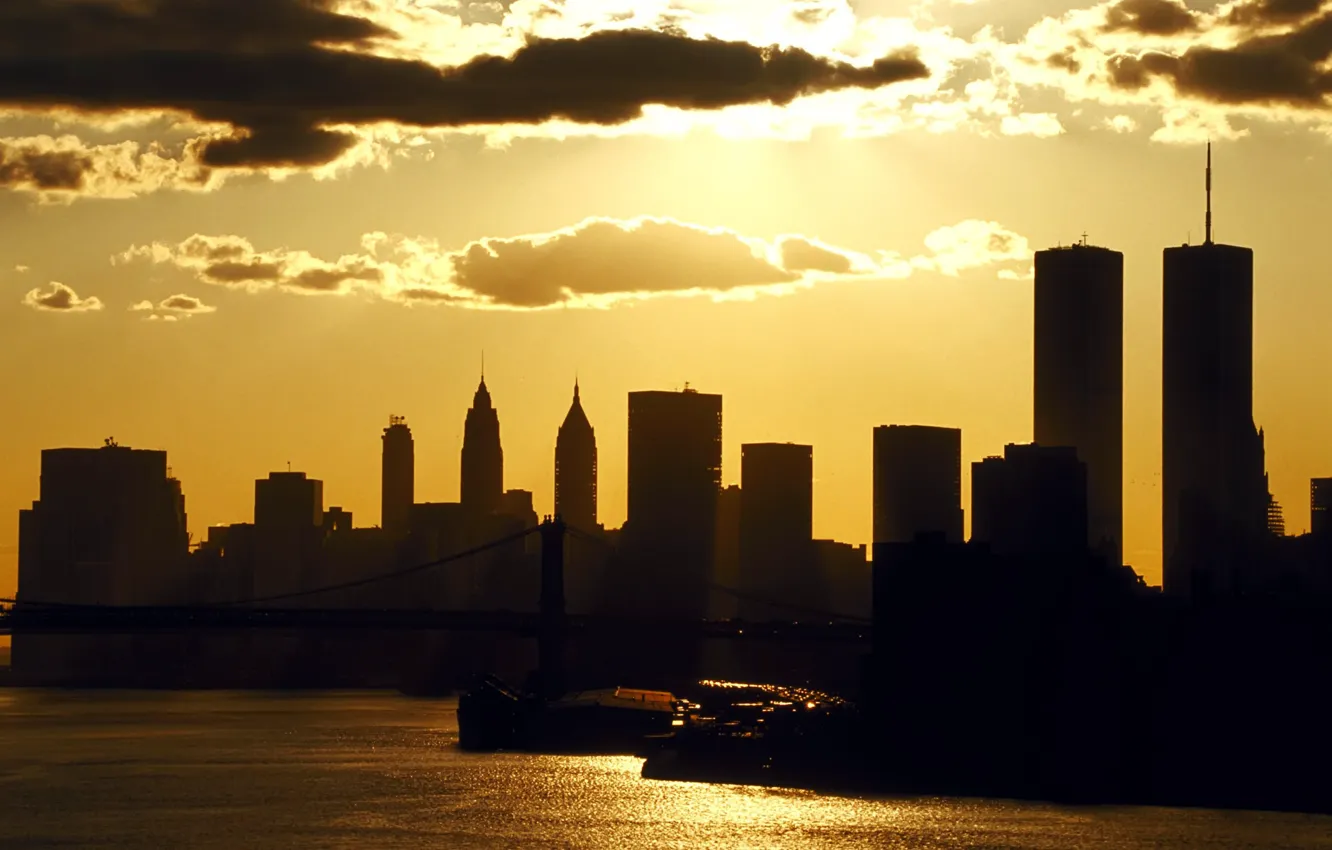 Photo wallpaper sea, the sky, clouds, sunset, night, river, building, home