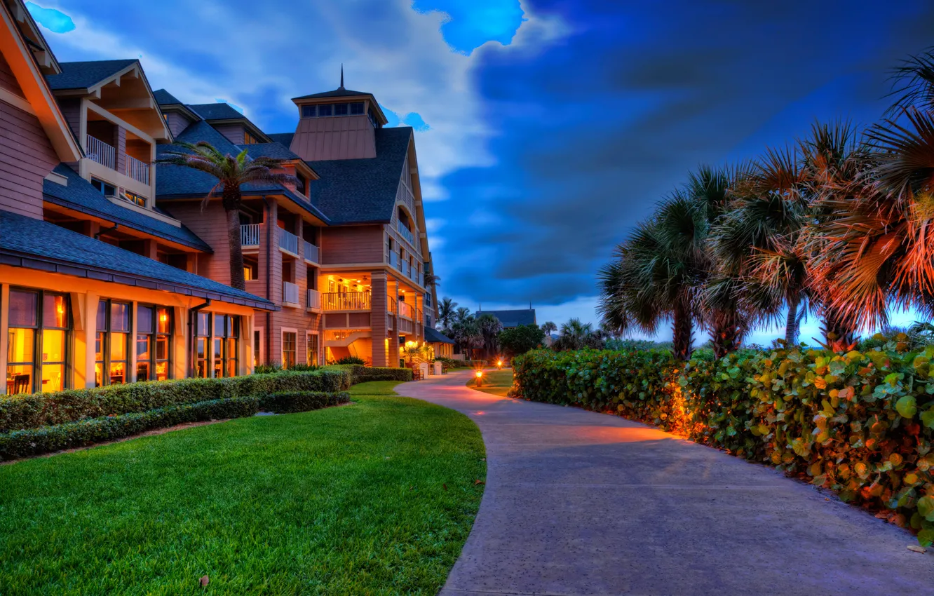 Photo wallpaper the sky, light, clouds, lights, palm trees, coast, Villa, the evening