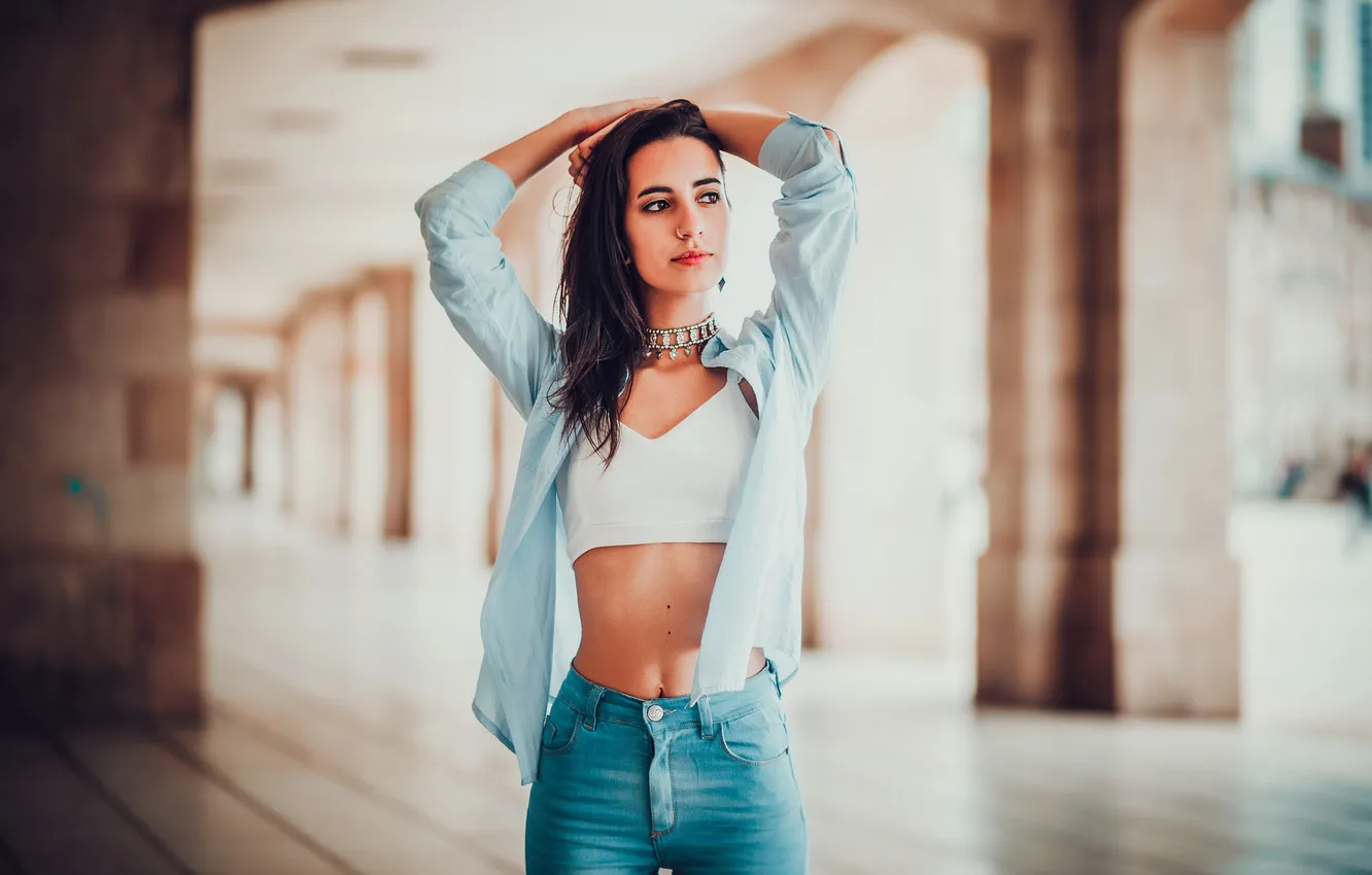 Photo wallpaper model, portrait, jeans, hands, makeup, figure, brunette, hairstyle