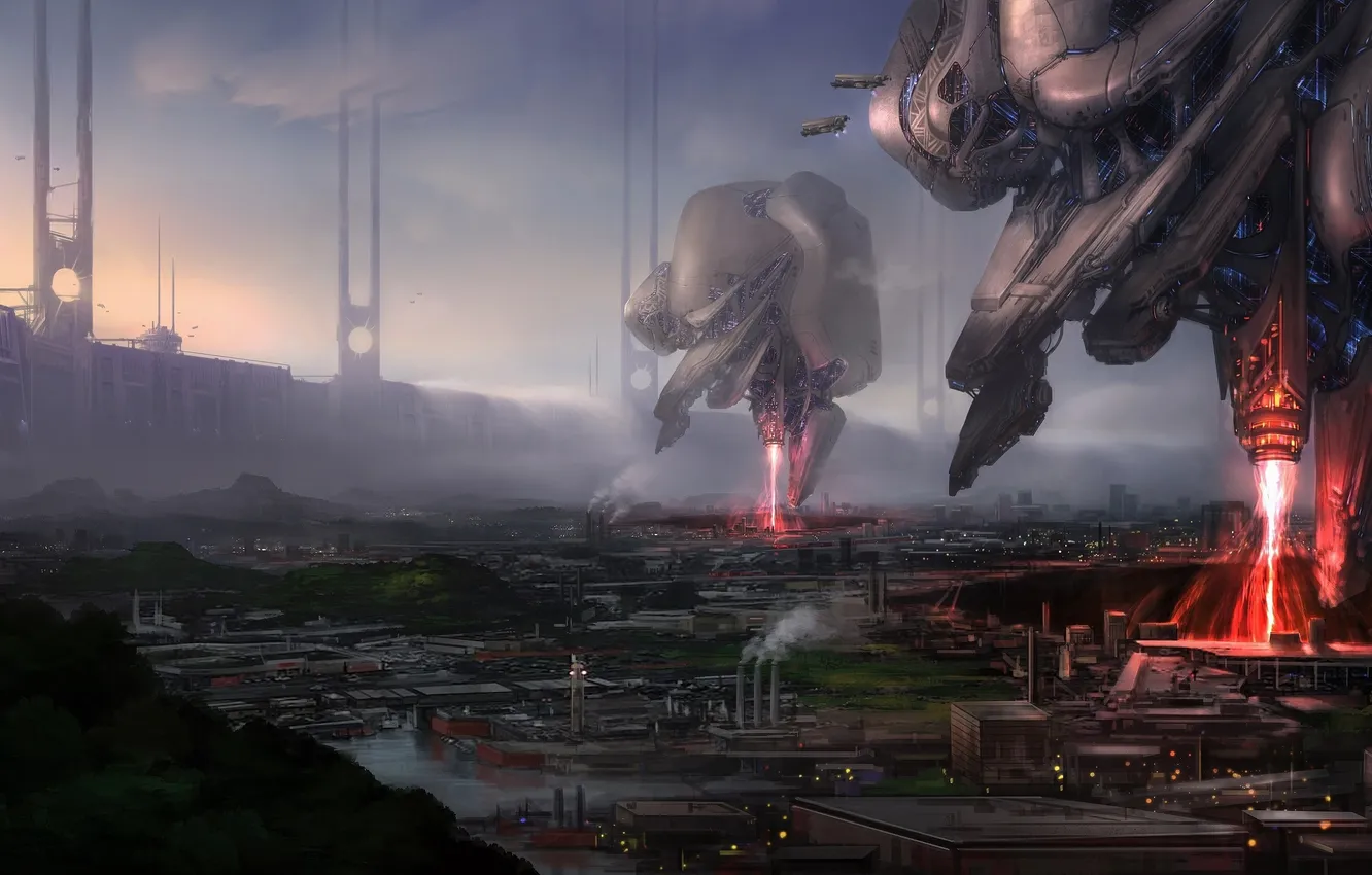 Photo wallpaper the city, wall, building, construction, art, laser, giant, Michael Wang