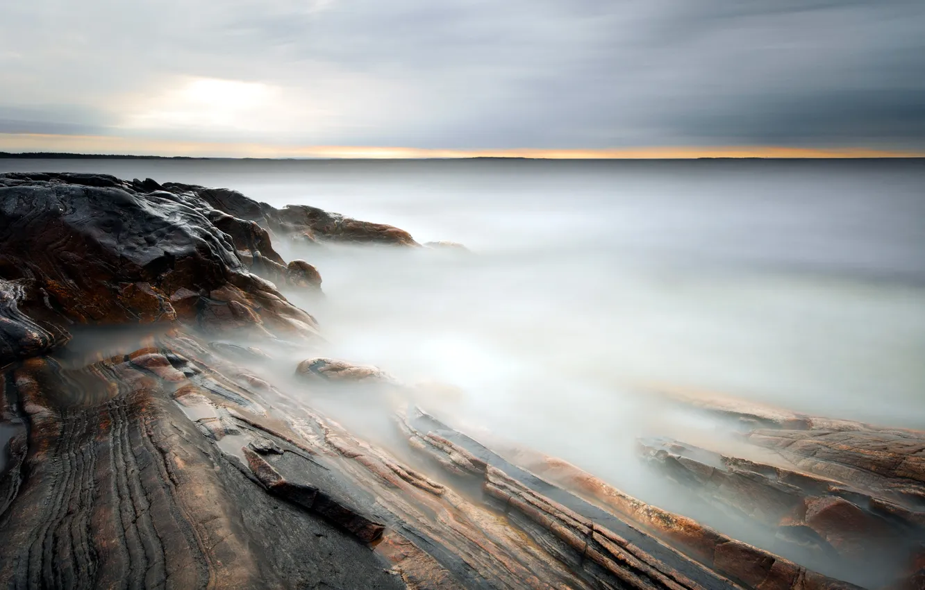 Photo wallpaper sea, landscape, sunset, rocks