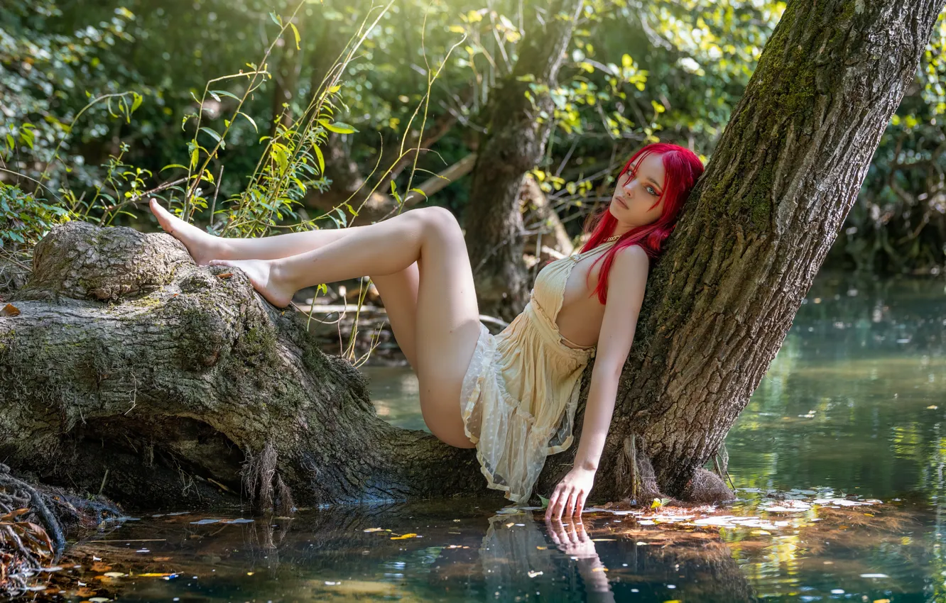 Photo wallpaper look, trees, dress, legs, Lana