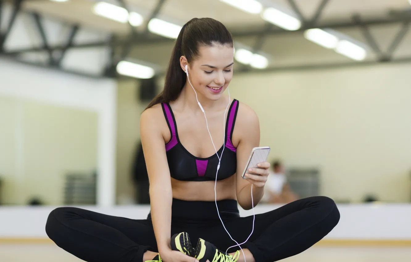 Photo wallpaper girl, smile, headphones, fitness, athlete