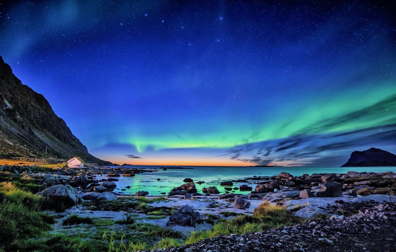 Photo wallpaper sea, the sky, clouds, home, Northern lights, Bay, house, sky