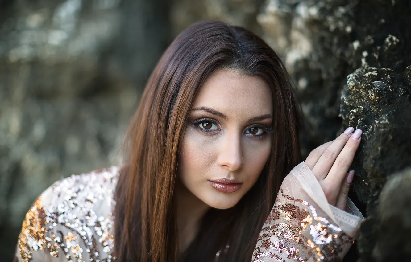 Photo wallpaper look, model, portrait, makeup, hairstyle, outfit, brown hair, beauty