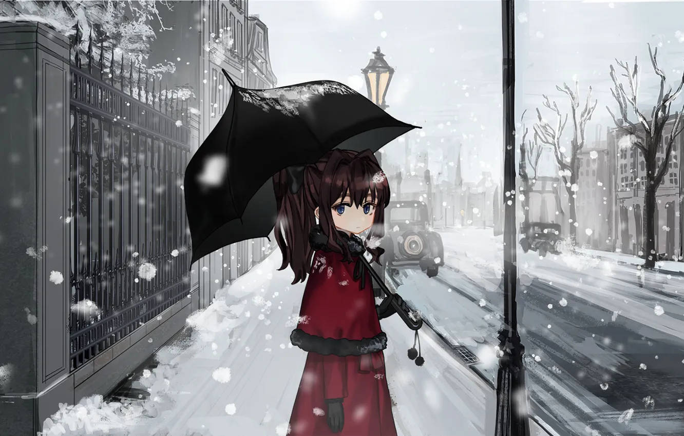 Photo wallpaper winter, snow, the city, umbrella, girl