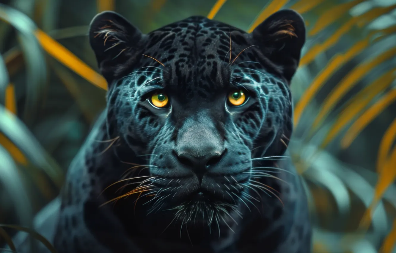 Photo wallpaper look, face, leaves, nature, black, portrait, Panther, bokeh