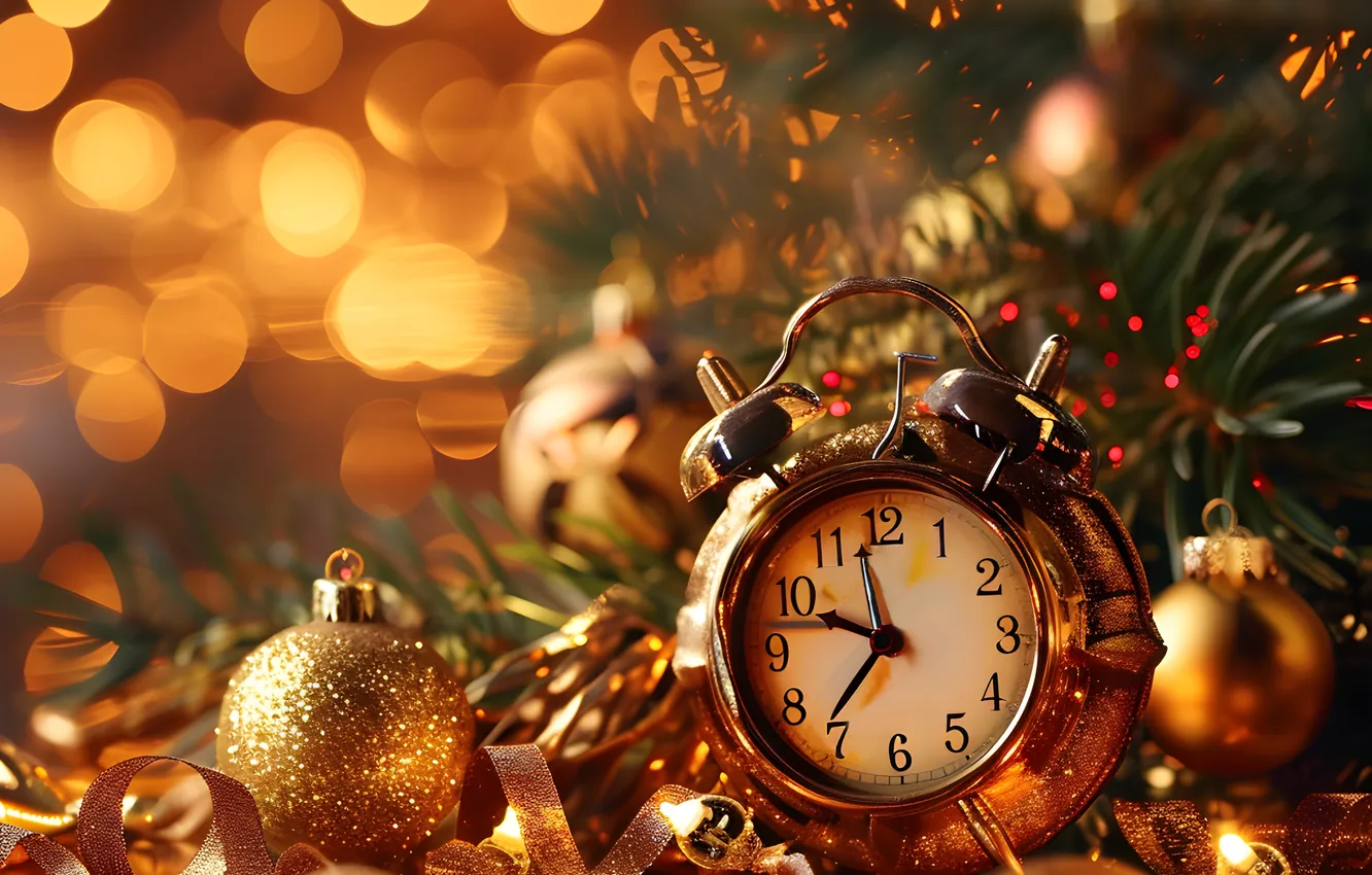 Photo wallpaper balls, light, branches, lights, glare, reflection, watch, new year