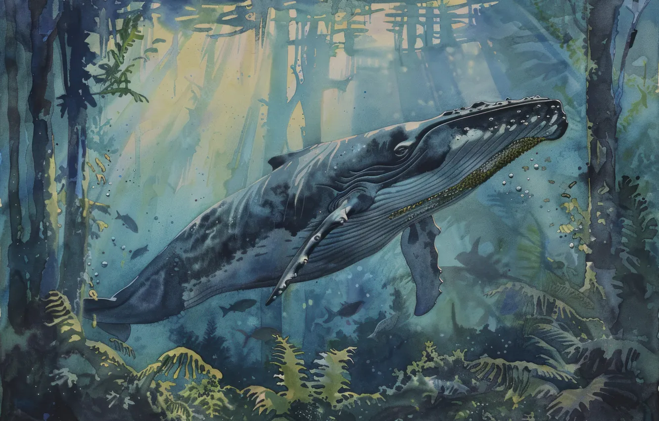 Photo wallpaper algae, fish, kit, underwater world, digital art, imitation painting, AI art, The Art of Artificial …