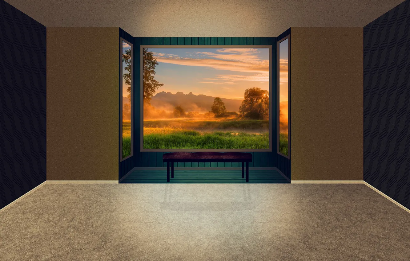 Photo wallpaper sunset, room, window to nature, sad