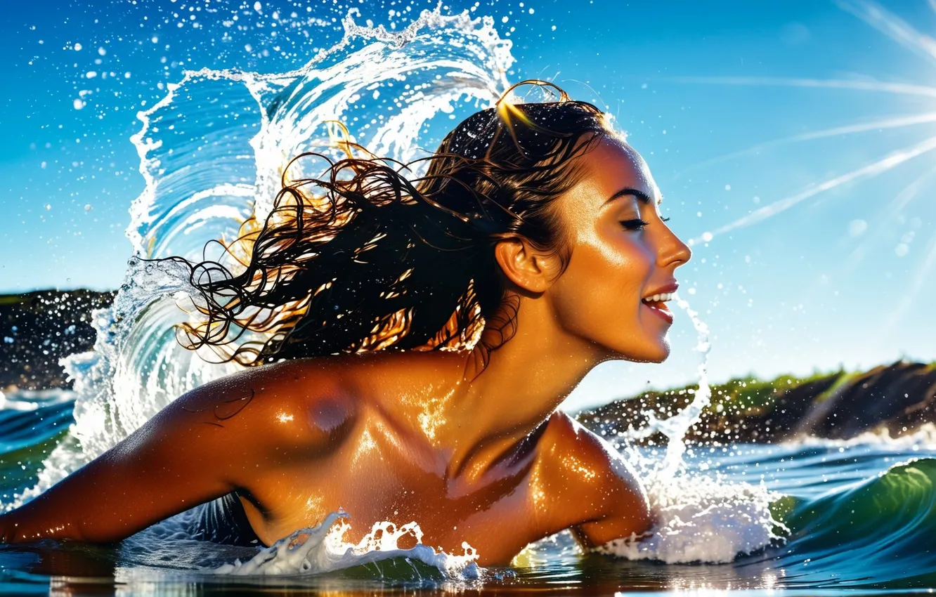 Photo wallpaper summer, water, girl, happiness, squirt, 3D graphics