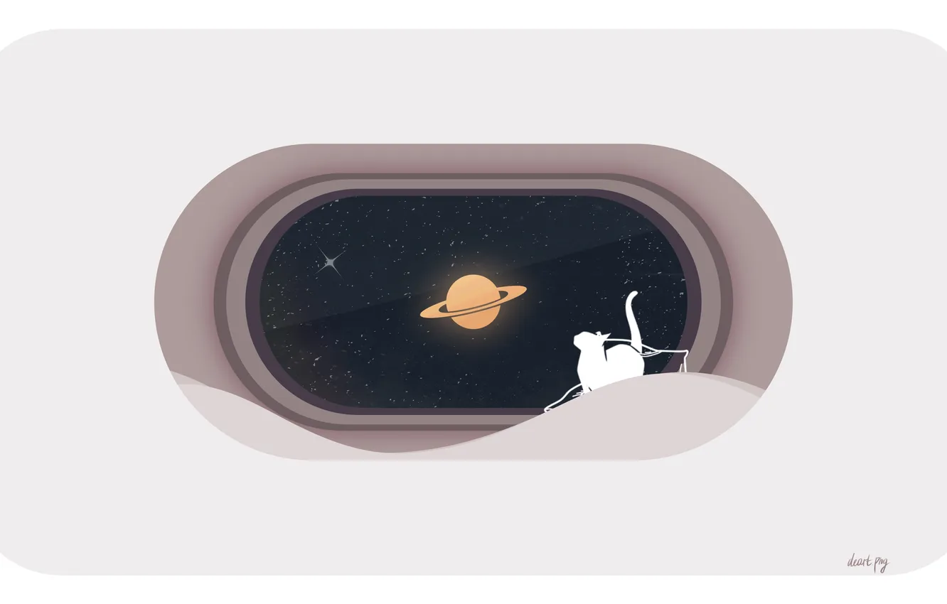 Photo wallpaper cat, space, stars, minimalism, Saturn, window