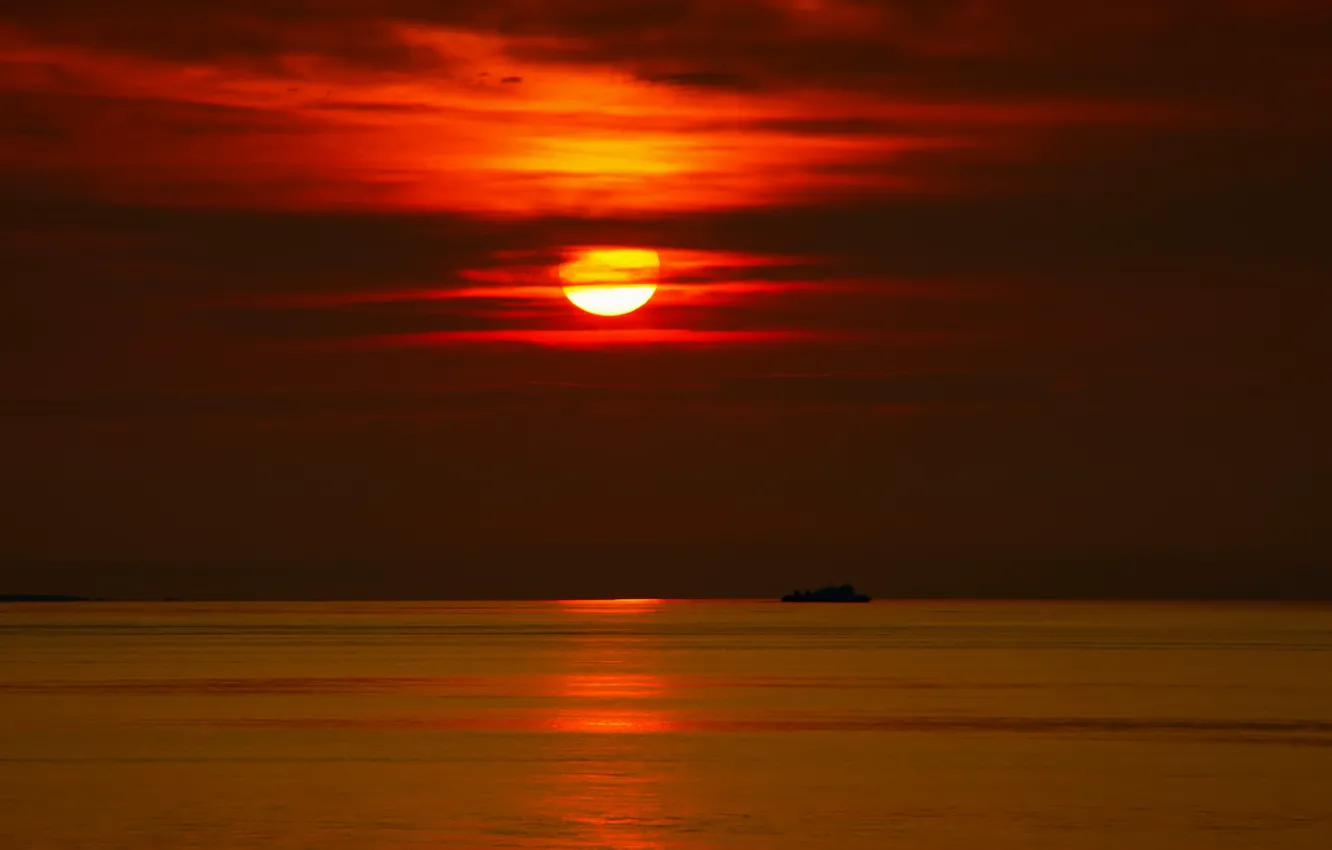 Photo wallpaper sea, the sky, the sun, clouds, sunset, ship