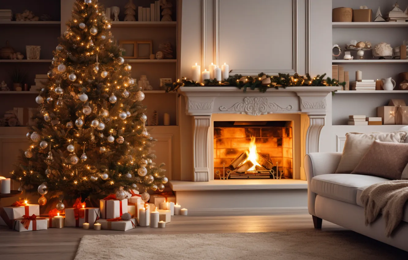 Photo wallpaper lights, comfort, heat, room, flame, furniture, new year, home