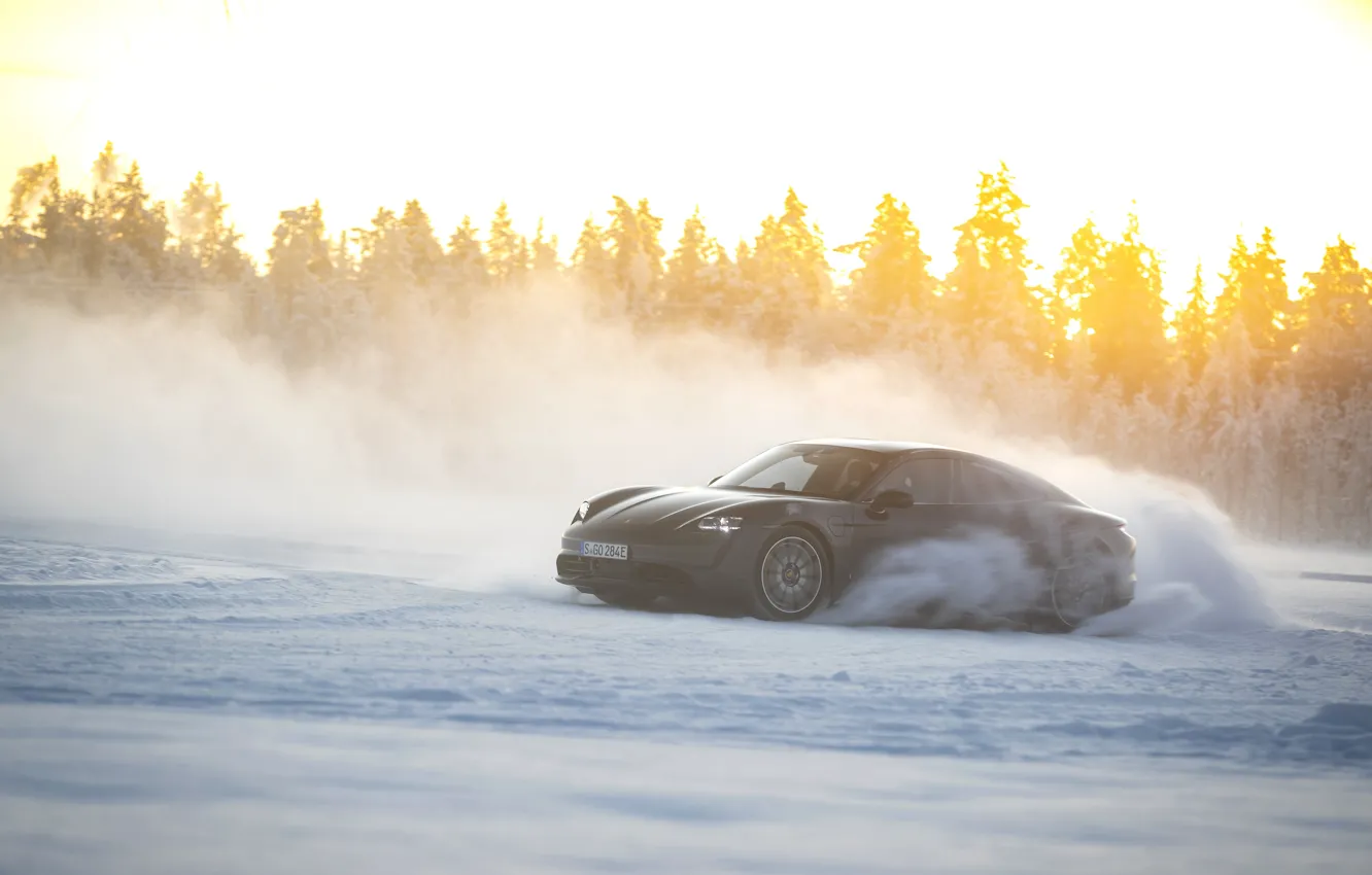 Photo wallpaper snow, black, track, Porsche, skid, 2020, Taycan, Taycan 4S
