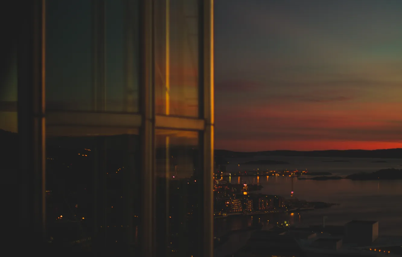 Photo wallpaper the sky, clouds, sunset, night, the city, river, building, horizon