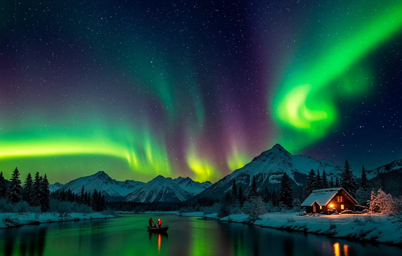 Photo wallpaper snow, mountains, night, river, boat, wallpaper, house, house