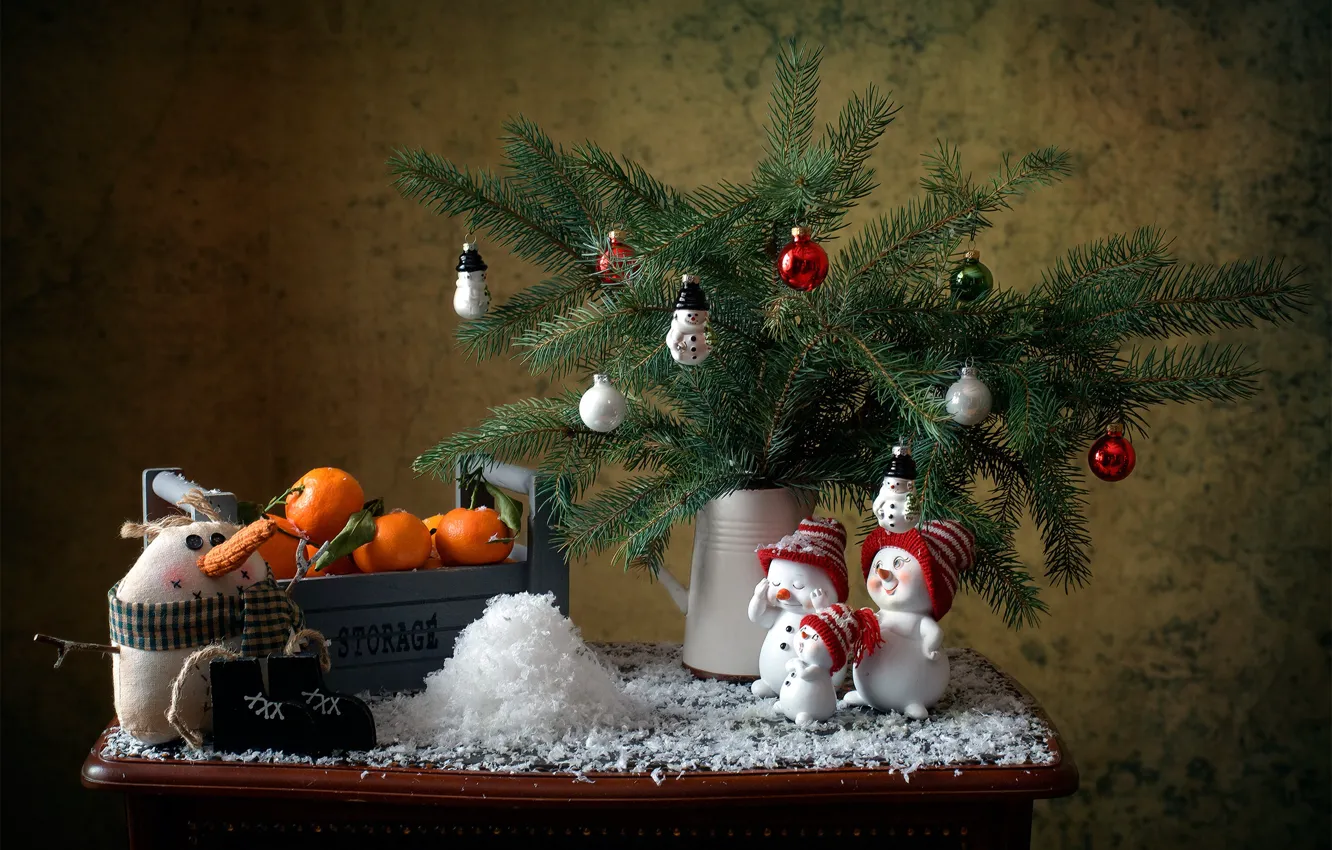 Photo wallpaper snow, decoration, branches, holiday, new year, spruce, box, needles