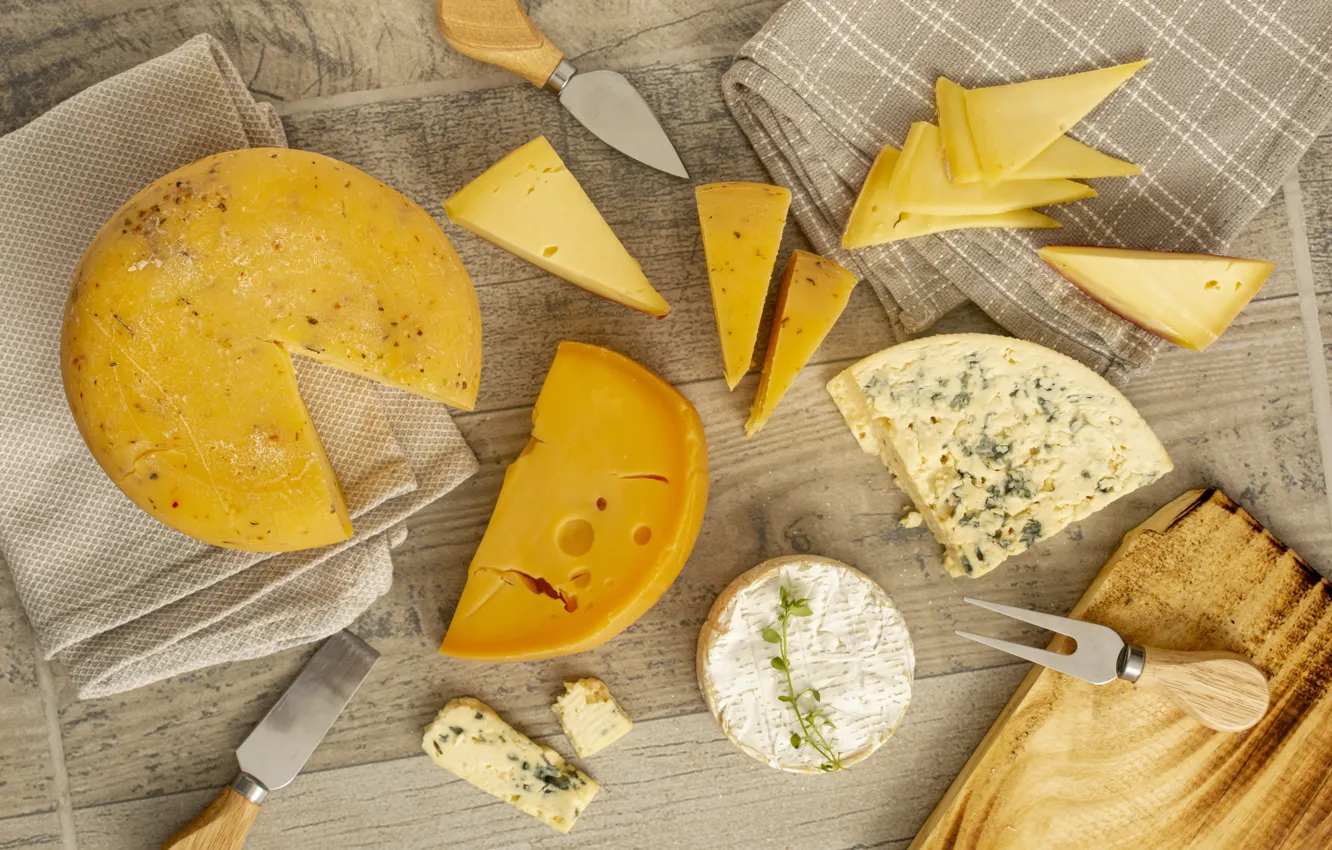 Photo wallpaper table, Board, food, cheese, knife, plug, different, a lot