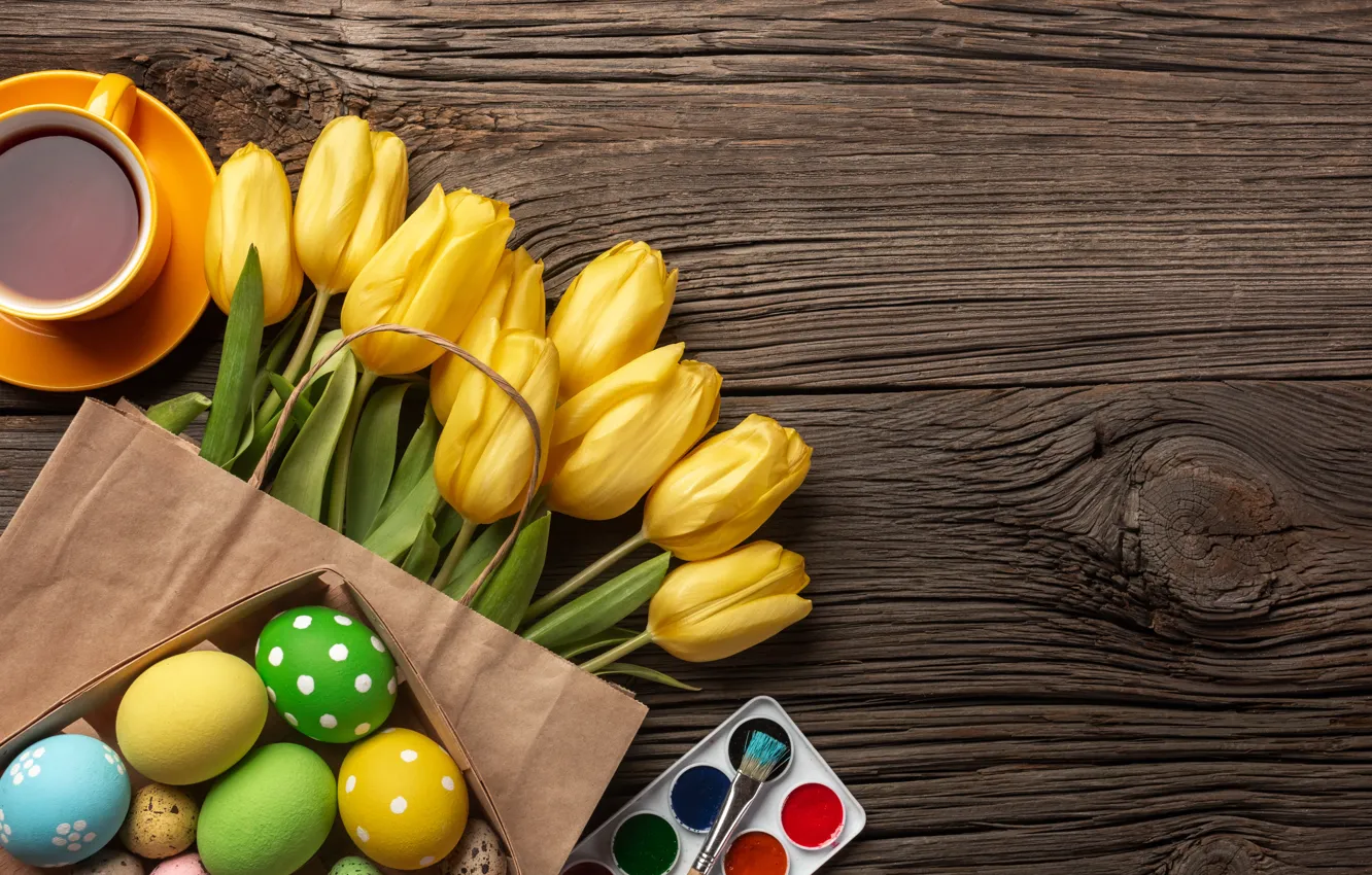 Photo wallpaper flowers, eggs, bouquet, yellow, colorful, Easter, tulips, happy