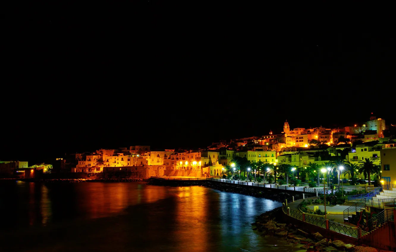 Photo wallpaper night, lights, home, Italy, Apulia, Foggia, Vieste