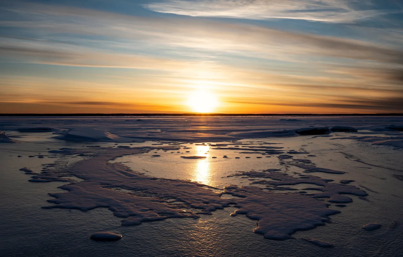 Photo wallpaper the sun, light, sunset, shore, pond