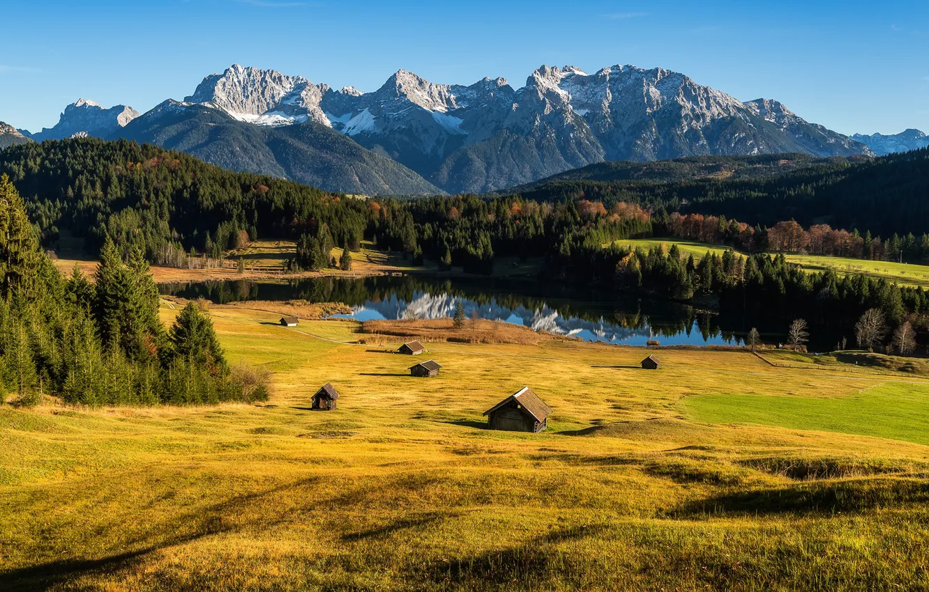 Photo wallpaper field, autumn, forest, grass, light, mountains, nature, lake