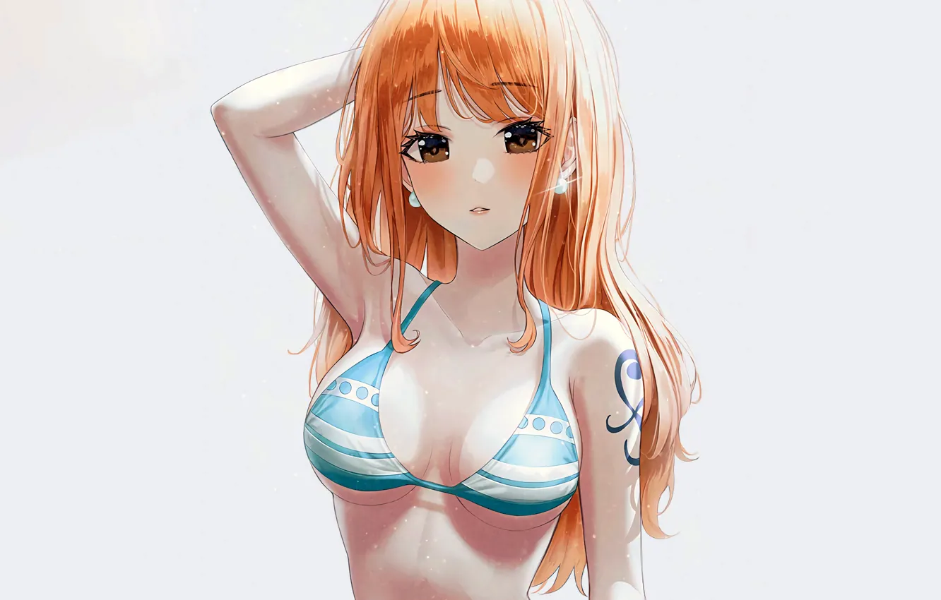 Photo wallpaper girl, sexy, cleavage, One Piece, long hair, brown eyes, boobs, anime