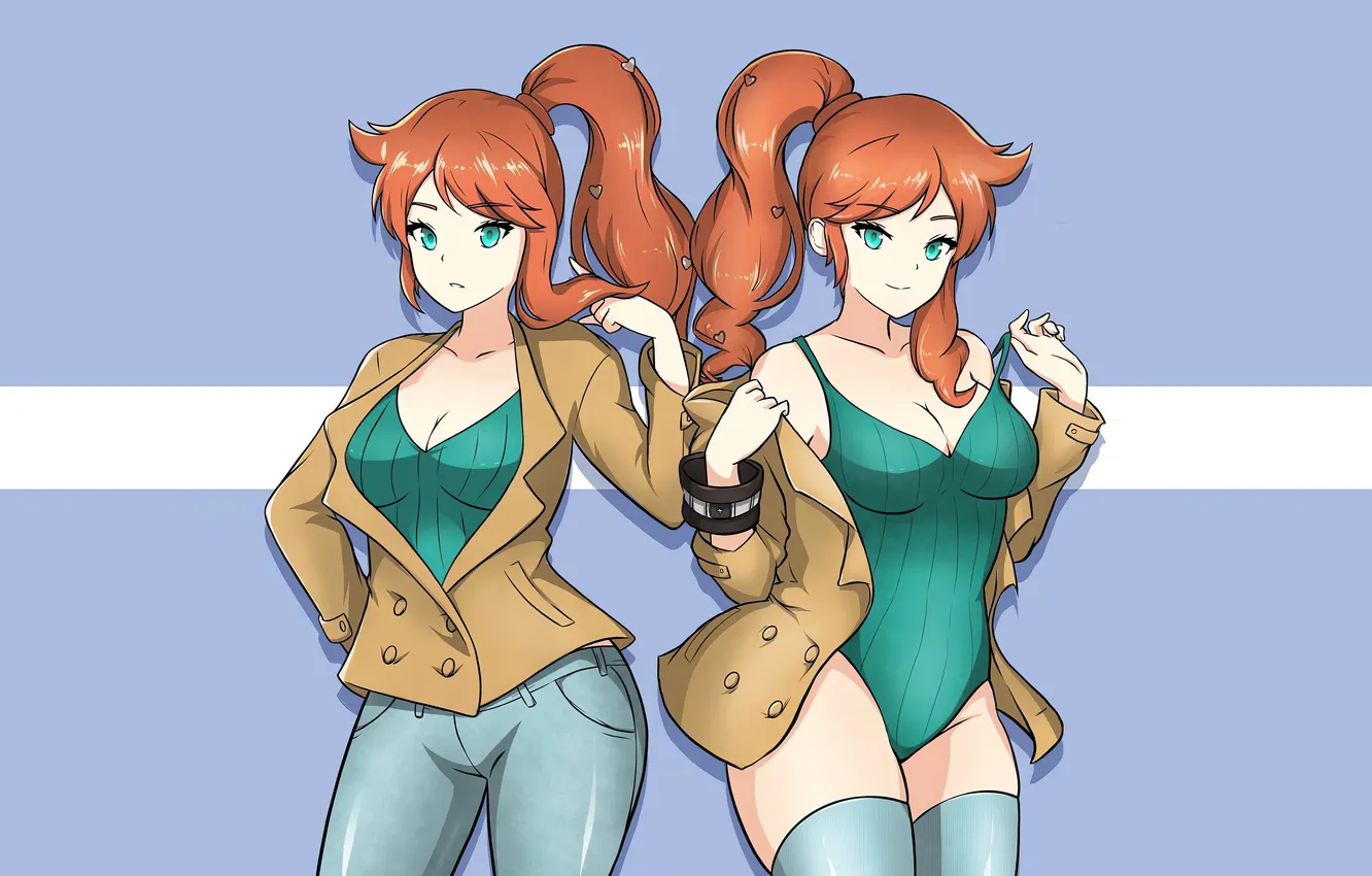 Photo wallpaper girl, sexy, cleavage, thighhighs, bodysuit, green eyes, long hair, boobs