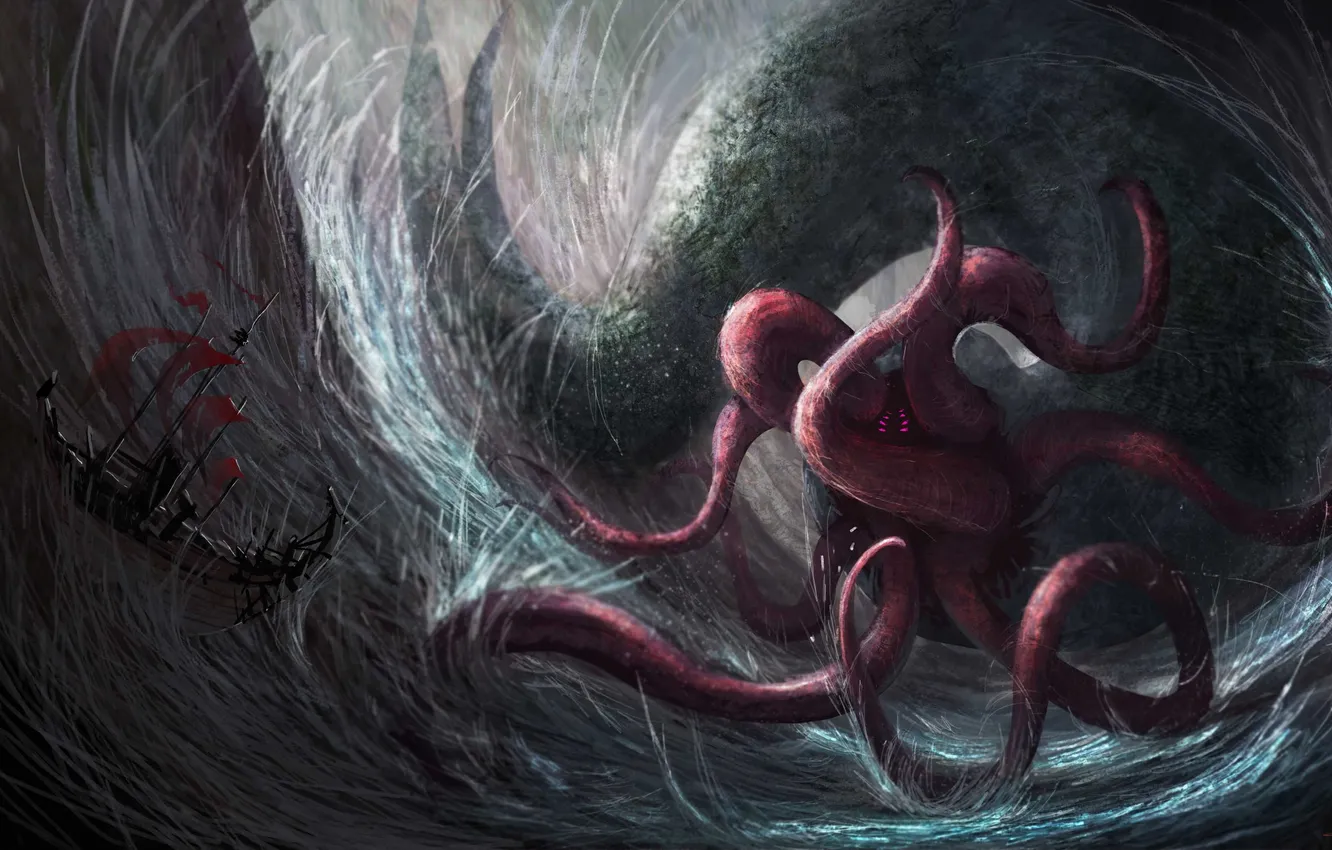 Photo wallpaper sea, storm, danger, ship, sailboat, monster, art
