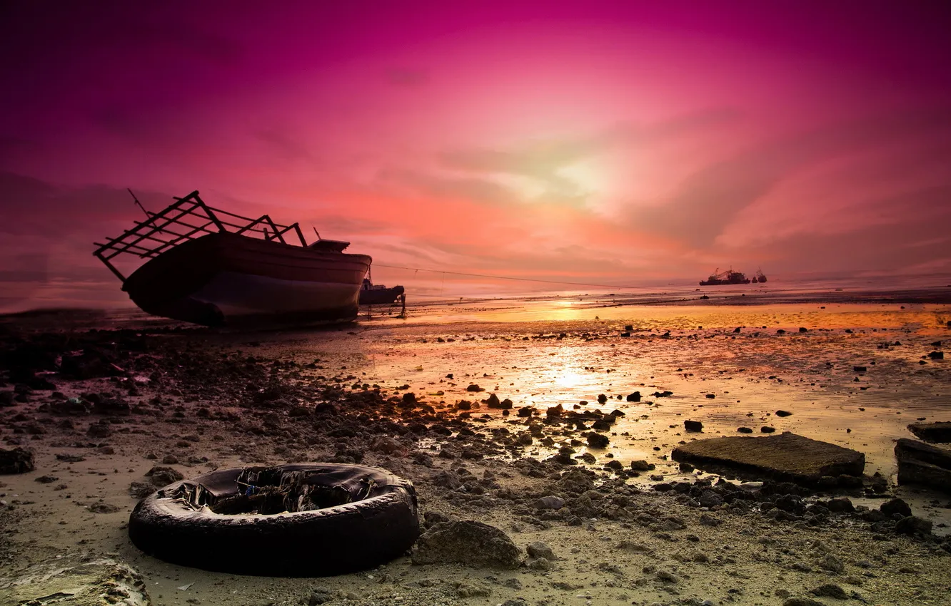 Photo wallpaper sea, landscape, sunset, ship, stranded