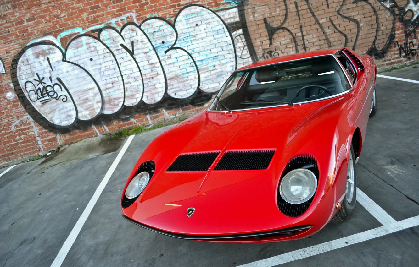 Photo wallpaper red, wall, graffiti, Lamborghini, red, wall, graffiti, the front
