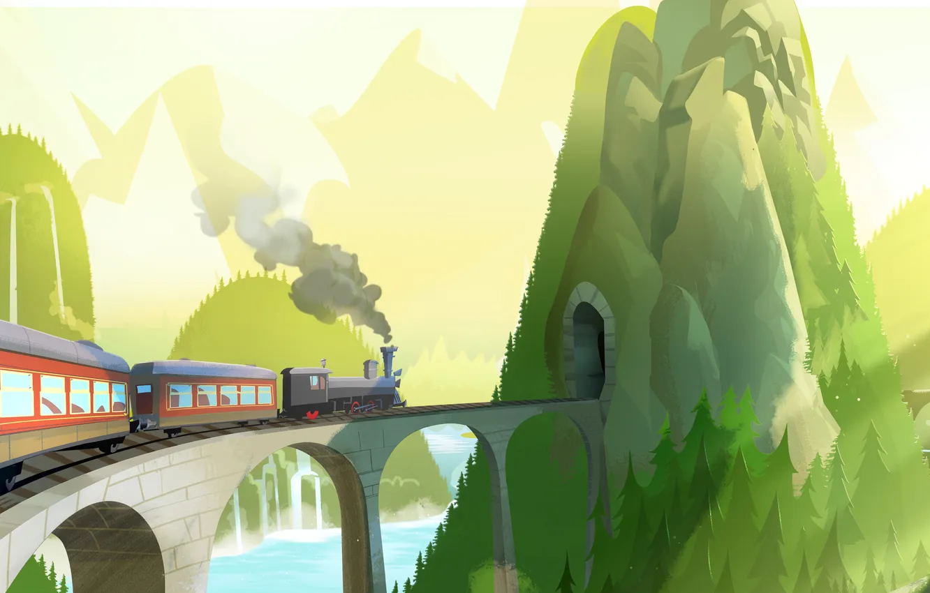 Photo wallpaper bridge, hills, train, the tunnel