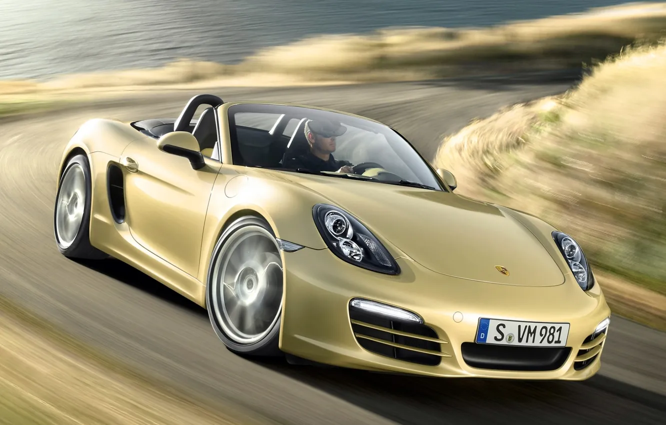 Photo wallpaper shore, Porsche, turn, turn, sports car, Porsche, Golden, Boxster