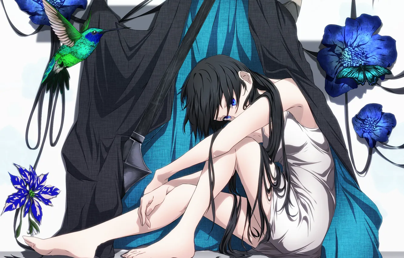 Photo wallpaper girl, Hummingbird, spear