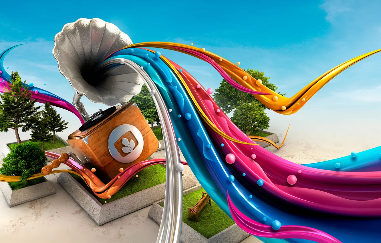 Photo wallpaper gramophone, desktopography, render, digital art