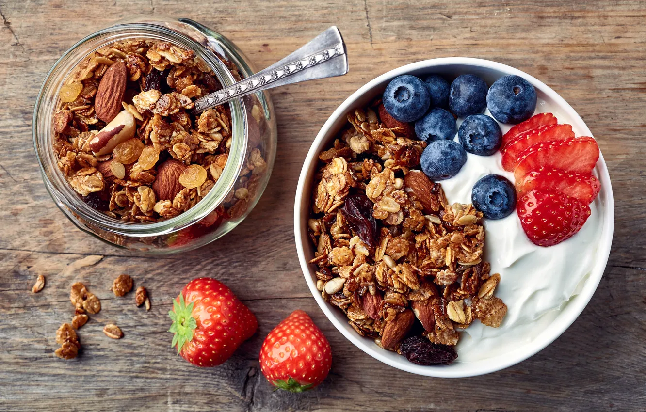 Photo wallpaper strawberry, blueberries, yogurt, granola