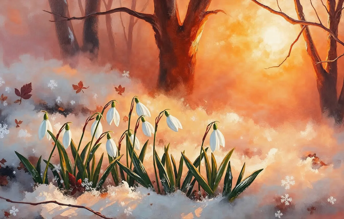 Photo wallpaper leaves, the sun, rays, light, trees, flowers, snowflakes, branches